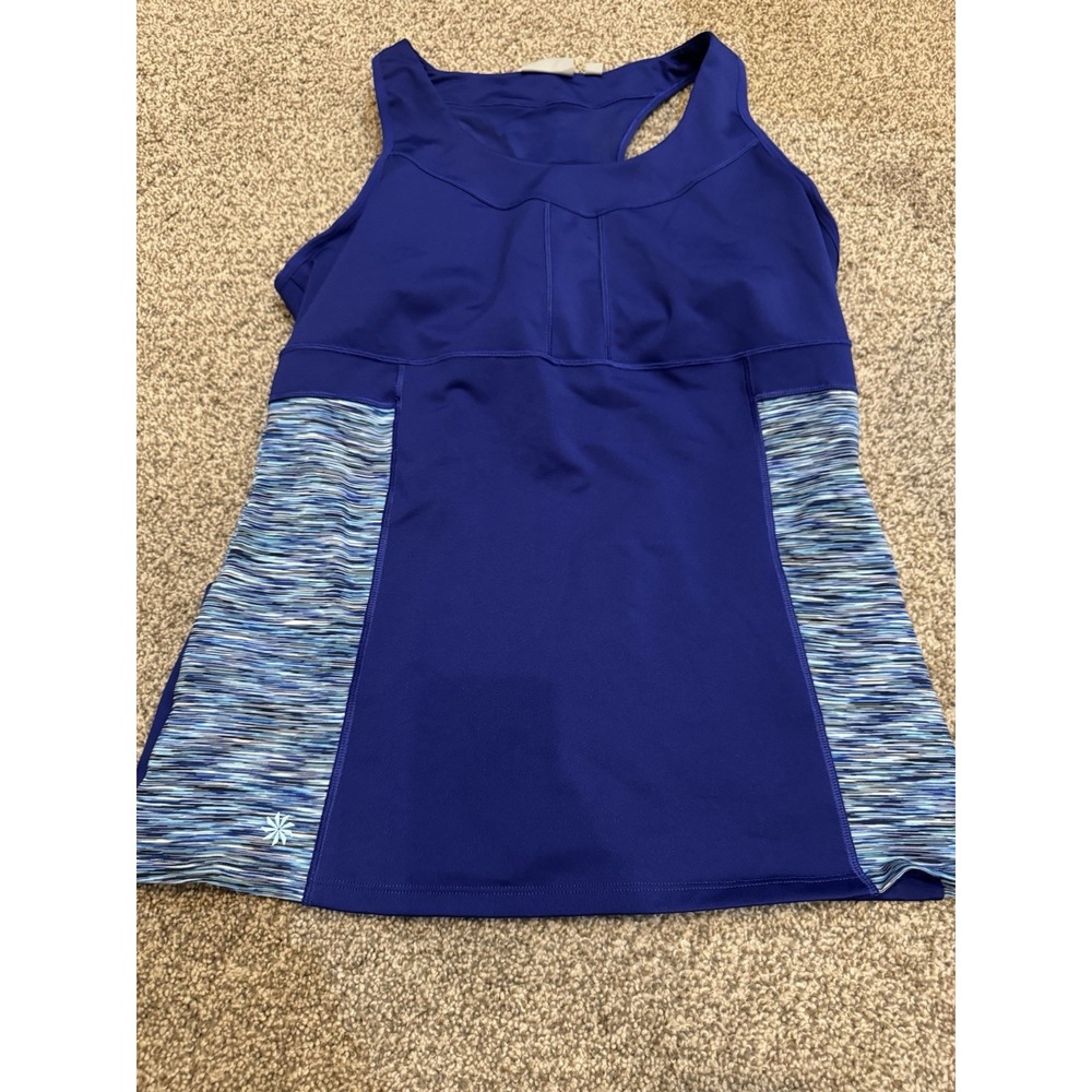 Athleta Blue Racerback Stretch Tank with Stripes and Built in Tank Size MediumXL